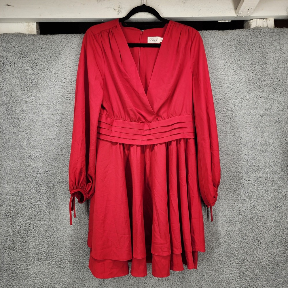 Eliza J Red Long Sleeve Tiered Fit and Flare Dress V-Neck Size 12